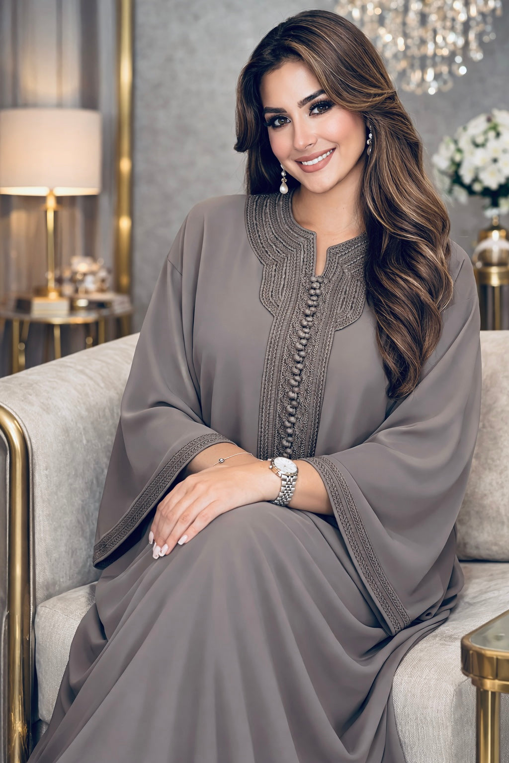 قفطان مغربي أنيق بتصميم راقٍ وتفاصيل تقليدية بثوب الكريب
